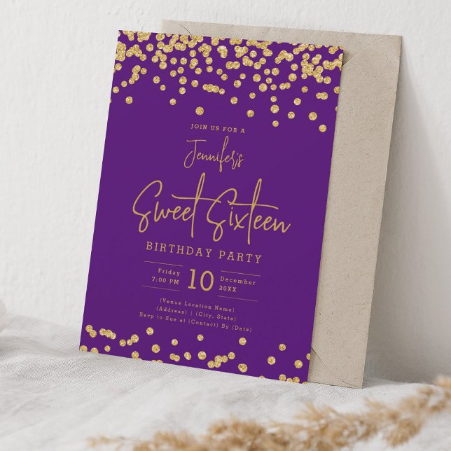 Invitation Elégante Parties scintillant d'or Confetti Sweet 1 (Elegant Gold Glitter Confetti Sweet 16 Purple Invitation)