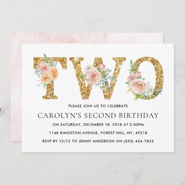 Invitation Elégante Parties scintillant d'or floral DEUX 2e a (Devant / Derrière)