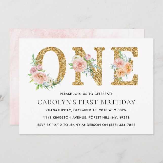 Invitation Elégante Parties scintillant d'or floral UN 1er an (Devant / Derrière)