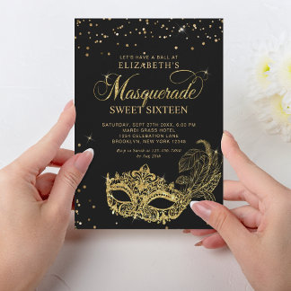 Invitation Elégante Parties scintillant d'or noir Masquerade 
