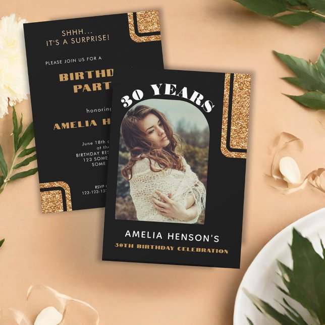 Invitation Elégante Parties scintillant d'or noir Photo 30e a (Créateur téléchargé)