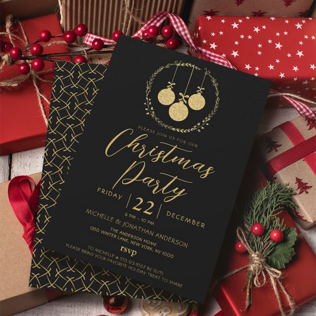 Invitation Élégante Parties scintillant d'or noir Wreath fête (Elegant Black Gold Glitter Wreath Christmas Party Invitation)