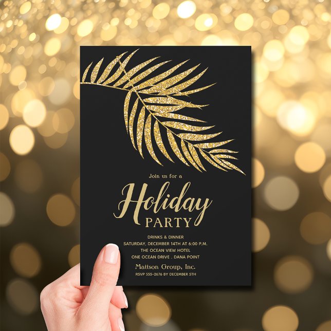 Invitation Elégante Parties scintillant d'or Palm Noël de vac (Elegant Gold Glitter Palm Holiday Christmas Invitations - INSTANT DOWNLOAD and/or PRINTED)