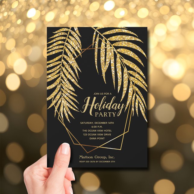 Invitation Elégante Parties scintillant d'or Palm Noël de vac (Elegant Gold Glitter Palm Holiday Christmas Invitations - INSTANT DOWNLOAD and/or PRINTED)