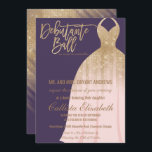 Invitation Elégante Parties scintillant d'or violet robe Debu<br><div class="desc">Cette invitation cool, unique et glamour Debutante Ball est le design parfait pour la fille élégante et chic. Son design comporte un faux imprimé brillant parties scintillant de paillettes d'or et robe de princesse rose rousse sur un arrière - plan d'aubergine violet avec typographie dorée personnalisée. Sur le dos est...</div>
