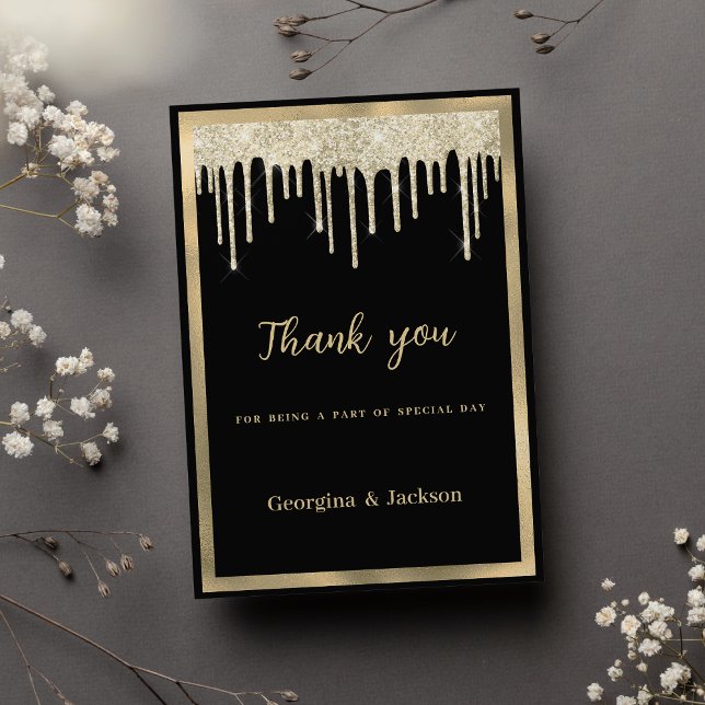 Invitation Élégante parties scintillant en or noir goutte Mer (Elegant black gold glitter drips Thank You )