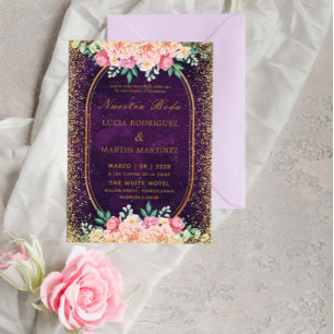 Invitation Elégante Parties scintillant Floral Or Purple Nues