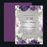 Invitation Élégante Parties scintillant florale violet blanc<br><div class="desc">Élégante invitation à la fête du 50e anniversaire pour les femmes avec de jolies fleurs blanches et violettes peintes à la main et des feuilles verts sauge accentués de parties scintillant or. Personnalisé avec un nom et toutes les informations de votre parti. Contactez-moi pour obtenir de l'aide sur vos personnalisations...</div>