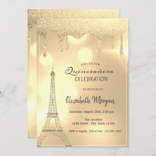 Invitation Elégante Parties scintillant, Gold Eiffel Tower Bo (Devant / Derrière)