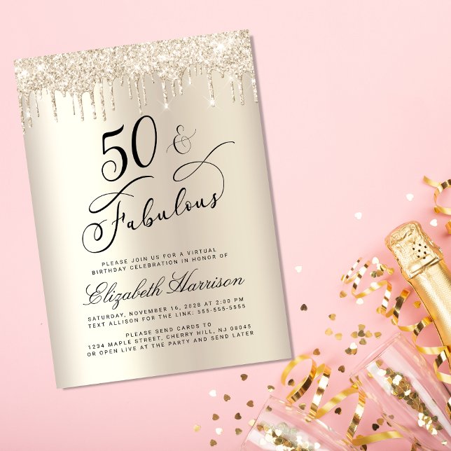 Invitation Elégante Parties scintillant Gold Virtual 50th Bir (Celebrate her 50 years of sparkle with an elegant gold glitter birthday party invitation  🎉 🎂 🥂)