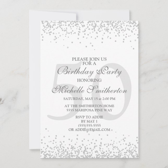 Invitation Elégante Parties scintillant gris argent blanc 50e (Devant)