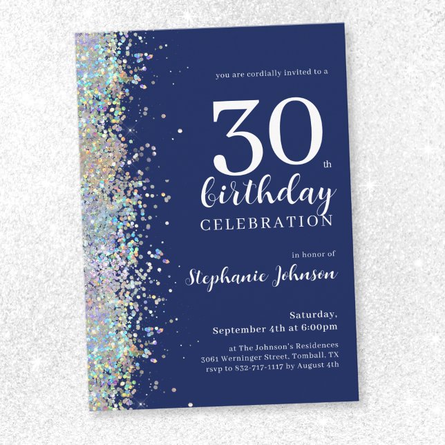 Invitation Elégante Parties scintillant Marine Bleu 30e anniv (Elegant Glitter Navy Blue 30th Birthday Invitation)