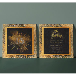 Invitation Elégante Parties scintillant Noir et Or 16ème anni