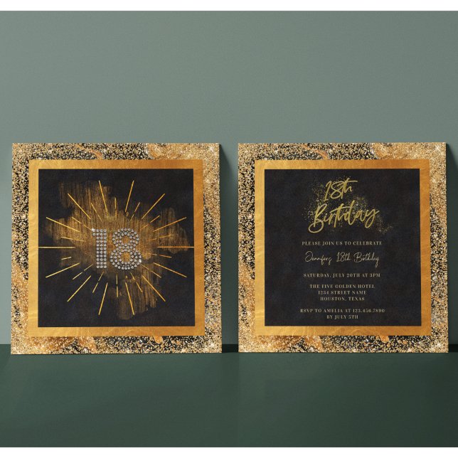 Invitation Elégante Parties scintillant Noir et Or 18ème anni (Créateur téléchargé)