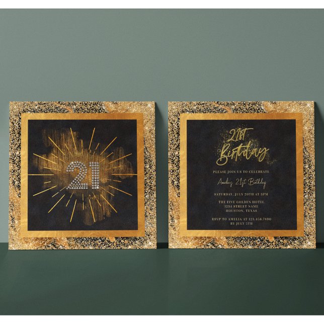 Invitation Elégante Parties scintillant Noir et Or 21ème anni (Créateur téléchargé)