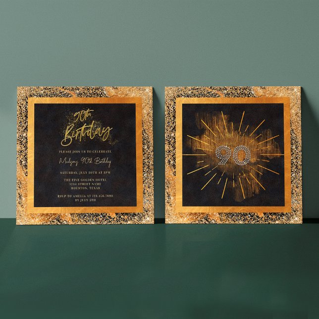 Invitation Elégante Parties scintillant Noir et Or 90ème anni (Front / Back)