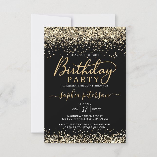 Invitation Elégante Parties scintillant Noir et Or N'importe  (Devant)