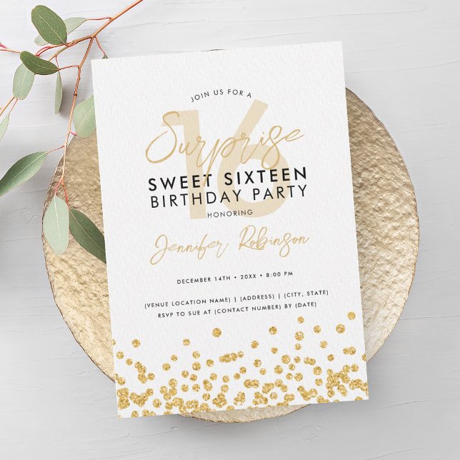Invitation Elégante Parties scintillant Or Confetti Surprise  (Elegant Gold Glitter Confetti Surprise Sweet 16 Invitation)