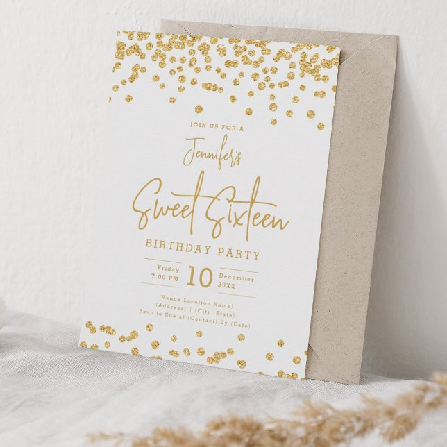 Invitation Elégante Parties scintillant Or Confetti Sweet 16  (Elegant Gold Glitter Confetti Sweet 16 Party Invitation)