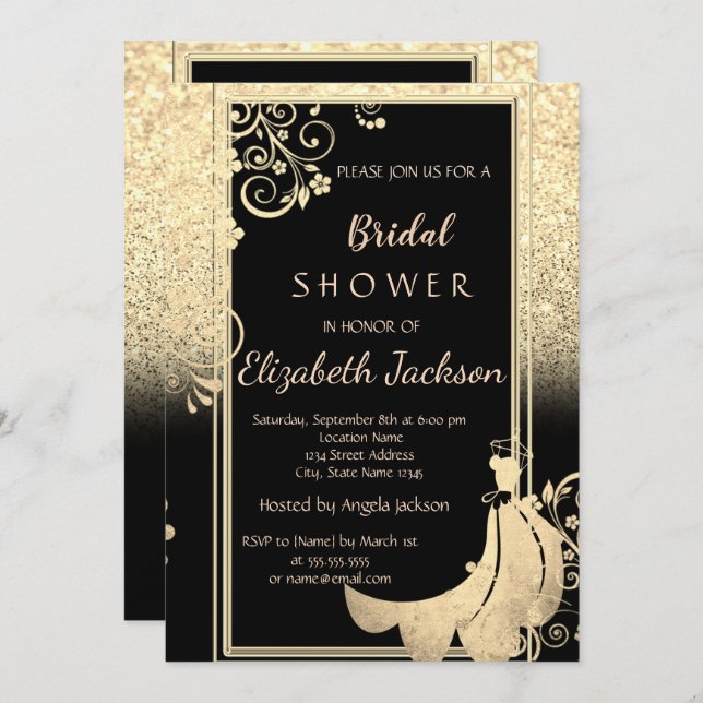 Invitation Elégante Parties scintillant or Fleurs Fête des ma (Devant / Derrière)