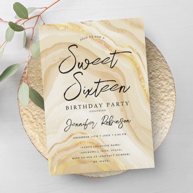 Invitation Elégante Parties scintillant Or Marbre Sweet 16 An (Elegant Gold Glitter Marble Sweet 16 Birthday Invitation)