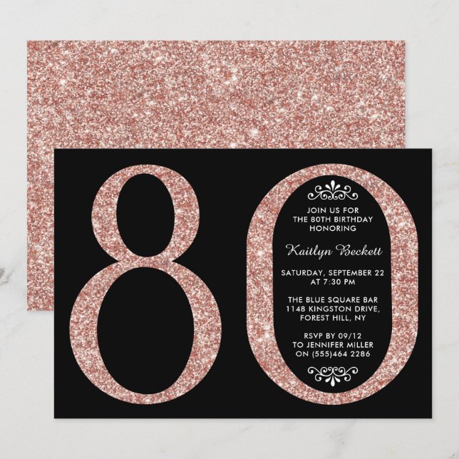 Invitation Élégante Parties scintillant Rose d'or Typographie (Devant / Derrière)