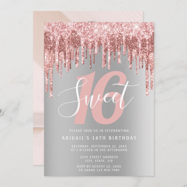 Invitation Élégante parties scintillant rose en or goutte swe (Devant / Derrière)