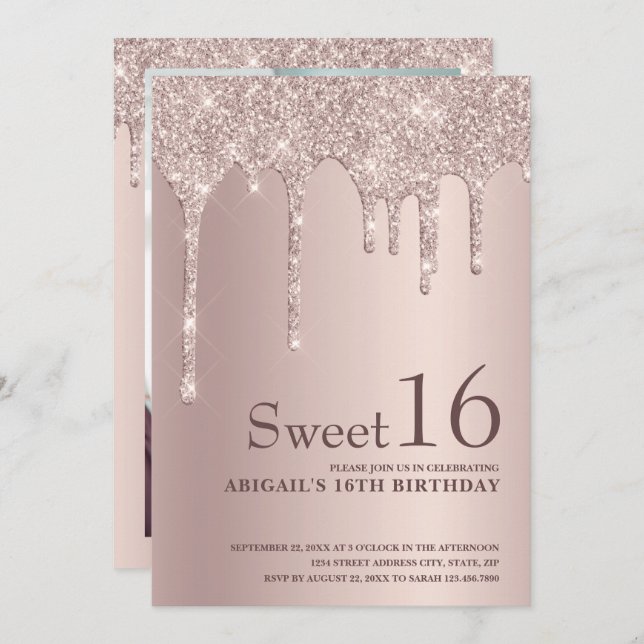 Invitation Élégante parties scintillant rose en or goutte swe (Devant / Derrière)