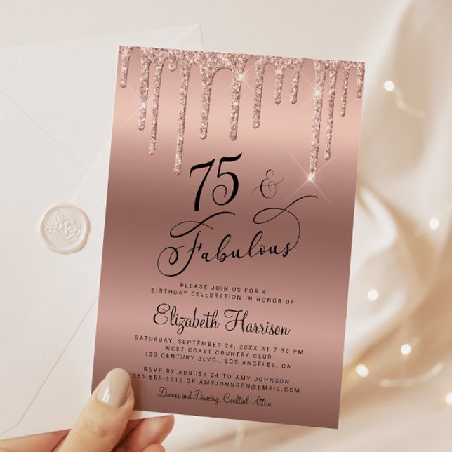 Invitation Elégante Parties scintillant Rose Gold 75e fête d' (Celebrate her 50 years of sparkle with an elegant rose gold glitter birthday party invitation  🎉 🎂)