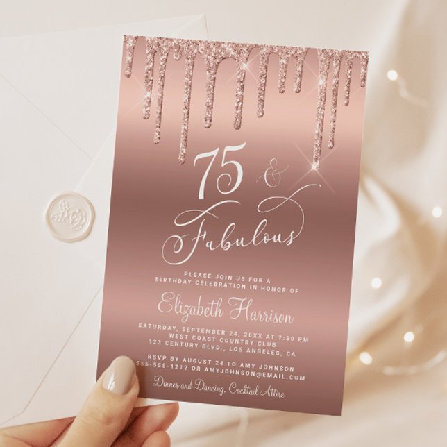 Invitation Elégante Parties scintillant Rose Gold 75e fête d' (Celebrate her 75 years of sparkle with an elegant rose gold glitter birthday party invitation)