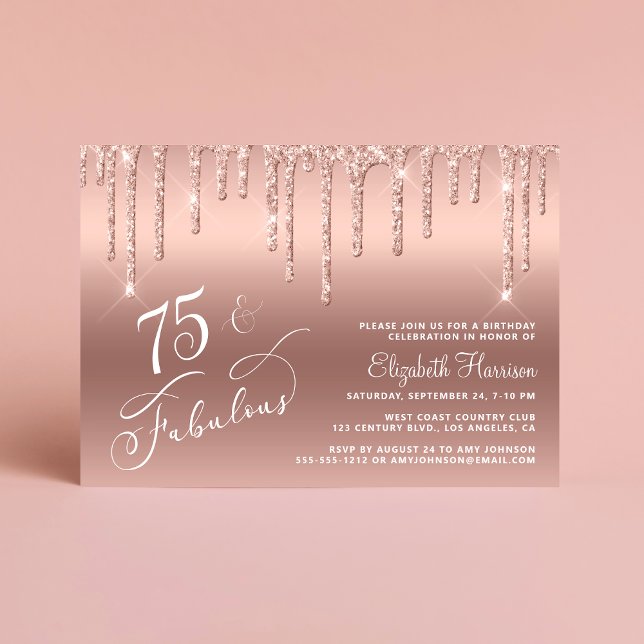 Invitation Elégante Parties scintillant Rose Gold 75e fête d' (Celebrate her 75 years of sparkle with an elegant rose gold glitter birthday party invitation  🎉 🎂)