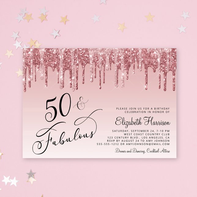 Invitation Elégante Parties scintillant Rose Gold Rose 50e fê (Celebrate her 50 years of sparkle with an elegant pink glitter birthday party invitation  🎉 🎂 🥂)