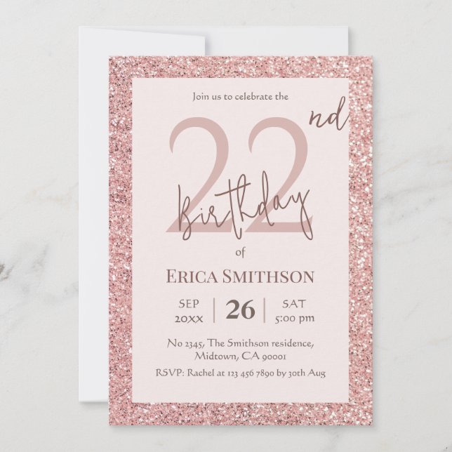 Invitation Elégante Parties scintillant Rose Or moderne 22ème (Devant)