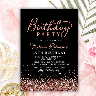Invitation Elégante Parties scintillant Rose or Noir 40e anni