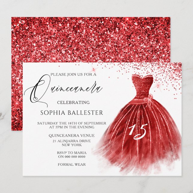 Invitation Élégante Parties scintillant rouge Gown Quinceaner (Devant / Derrière)