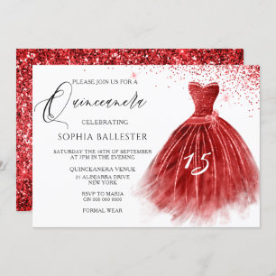 Invitation Élégante Parties scintillant rouge Gown Quinceaner
