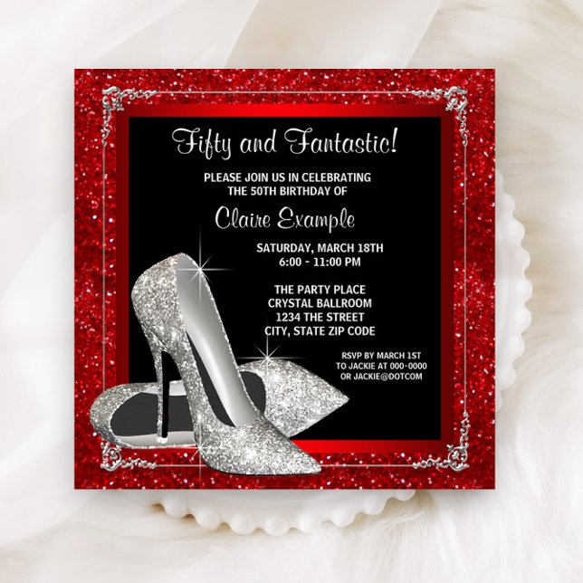 Invitation Élégante Parties scintillant rouge haute talon fêt (Elegant silver shoes on a beautiful red, black background any number birthday and event invitation.)