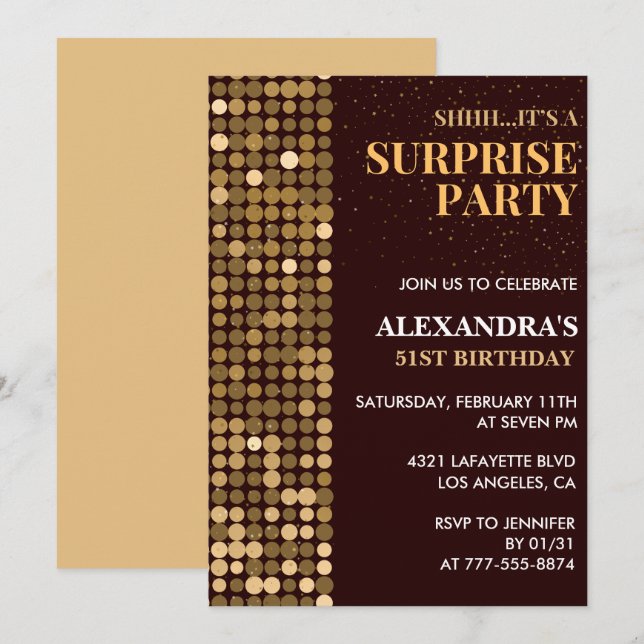Invitation Elégante Parties scintillant Surprise party Gold 5 (Devant / Derrière)