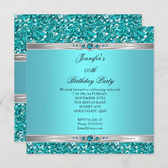 Invitation Elégante Parties scintillant Turquoise Argent Diam (Devant / Derrière)