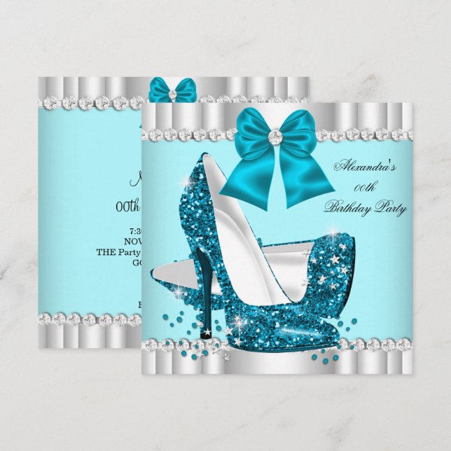 Invitation Elégante Parties scintillant Turquoise Blue Glamor (Devant / Derrière)