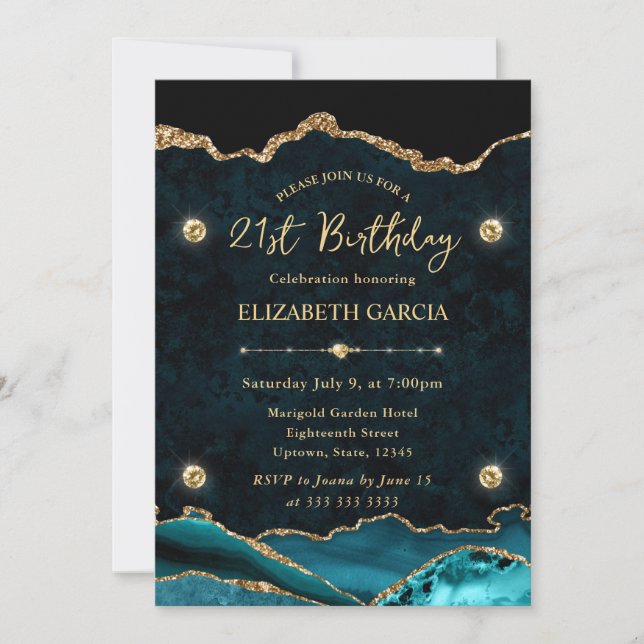 Invitation Élégante Parties scintillant Turquoise et or Agate (Devant)
