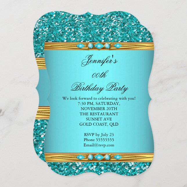Invitation Elégante Parties scintillant Turquoise Gold Diamon (Devant / Derrière)