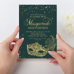 Invitation Elégante Parties scintillant verte or Masquerade S<br><div class="desc">La parties scintillant dorée scintillante masque à boule masqué avec des confettis d'or.</div>