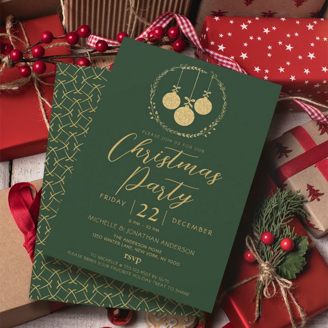 Invitation Elégante Parties scintillant verte or Wreath Noël  (Elegant Green Gold Glitter Wreath Christmas Party Invitation)