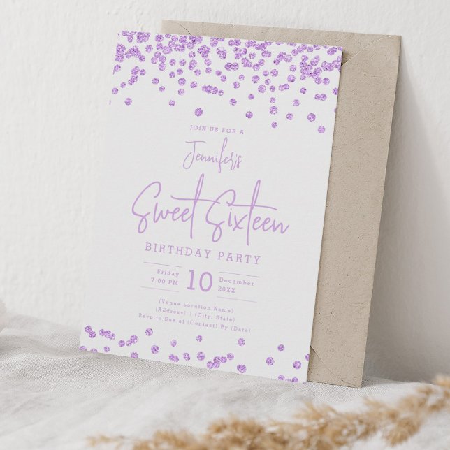 Invitation Élégante Parties scintillant violet Confetti Sweet (Elegant Purple Glitter Confetti Sweet 16 Party Invitation)