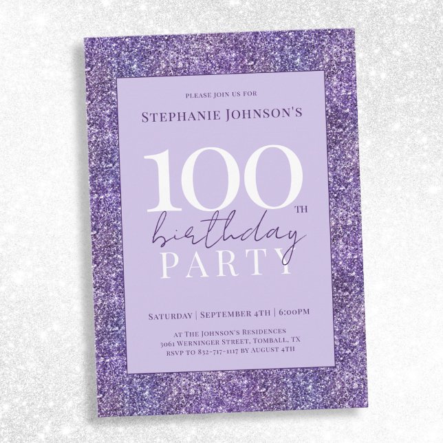 Invitation Elégante Parties scintillant violette 100e fête d' (Elegant Purple Glitter 100th Birthday Party Invitation)