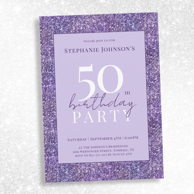 Invitation Elégante Parties scintillant violette 50ème annive (Elegant Purple Glitter 50th Birthday Party Invitation)