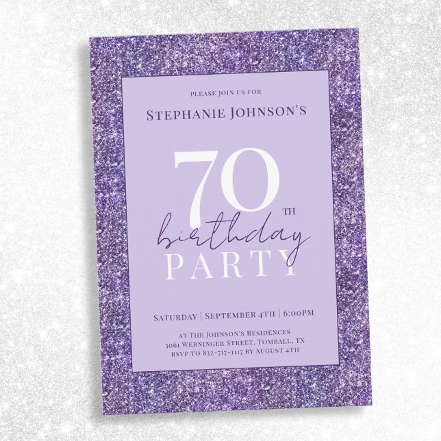Invitation Elégante Parties scintillant violette 70e annivers (Elegant Purple Glitter 70th Birthday Party Invitation)