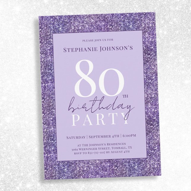 Invitation Elégante Parties scintillant violette 80ème annive (Elegant Purple Glitter 80th Birthday Party Invitation)