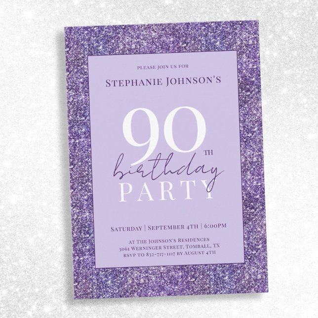 Invitation Elégante Parties scintillant violette 90ème annive (Elegant Purple Glitter 90th Birthday Party Invitation)